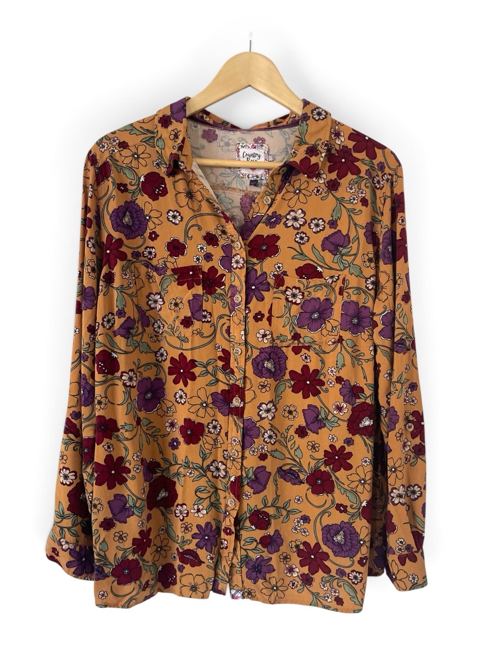 Country Rose Mustard Floral Button-Up Blouse Size 16